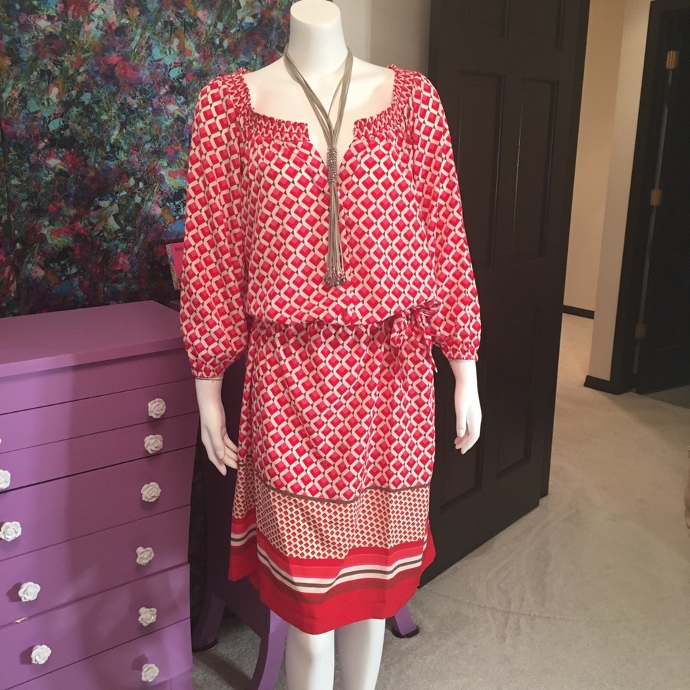 Old Navy Red Pink Grey Trellis Print Dress